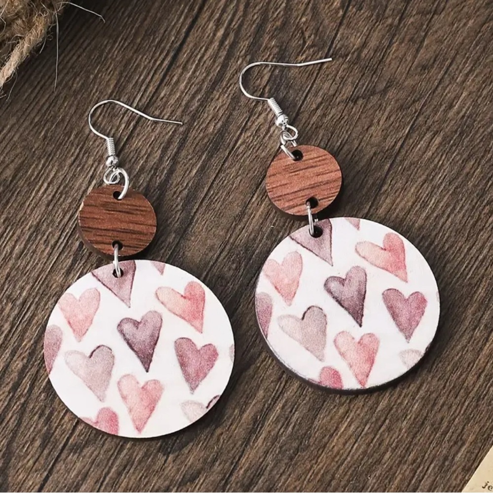 Wooden Love Heart Pattern Round Piece Dangle Earrings Delicate Valentine's Day